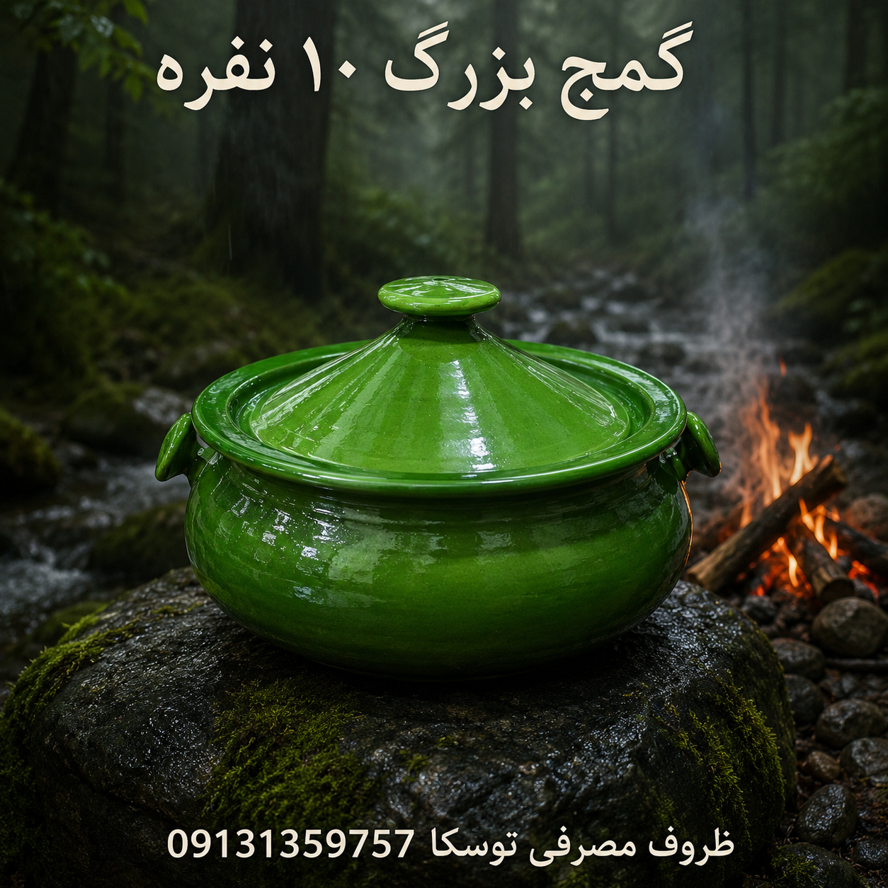 گَمَج قابلمه گیلانی سفالی سبز سنتی سایز بزرگ 10 نفره دسته گرد