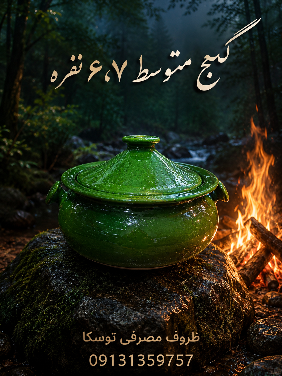 گَمَج قابلمه گیلانی سفالی سبز سنتی سایز متوسط 7 نفره دسته گرد