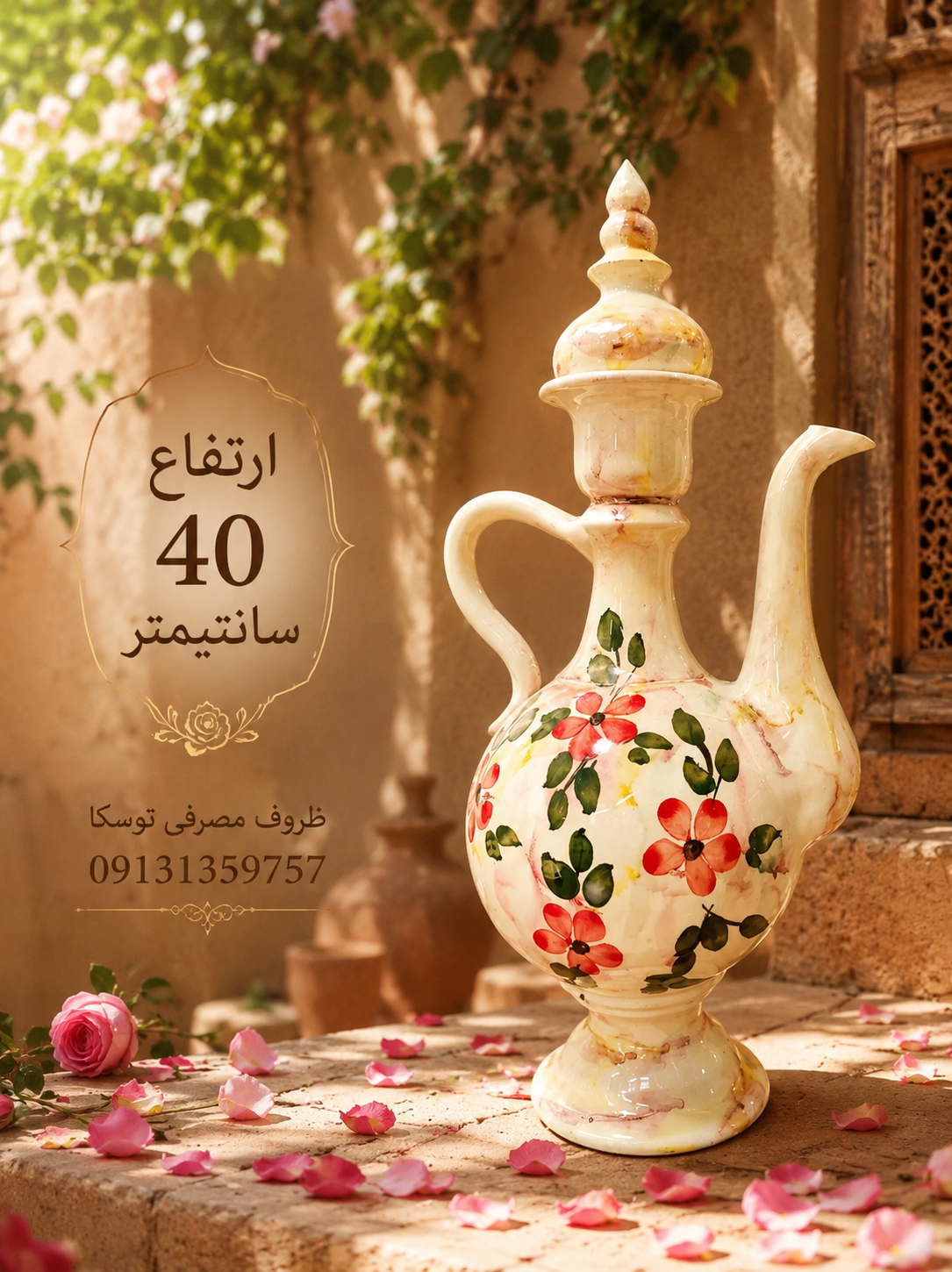 گلابدون گلاب پاش بزرگ تک پایه سفالی زمینه کرمی ابر و بادی گل قرمز