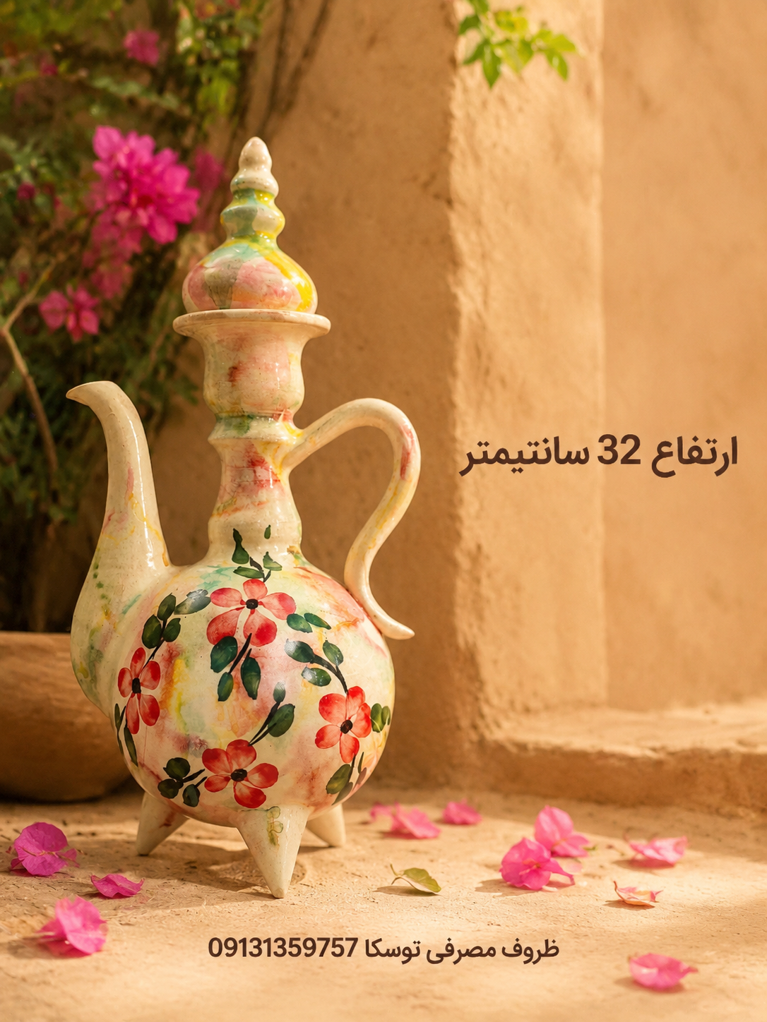 گلابدون گلاب پاش متوسط 3 پایه سفالی زمینه کرمی ابر و بادی گل قرمز