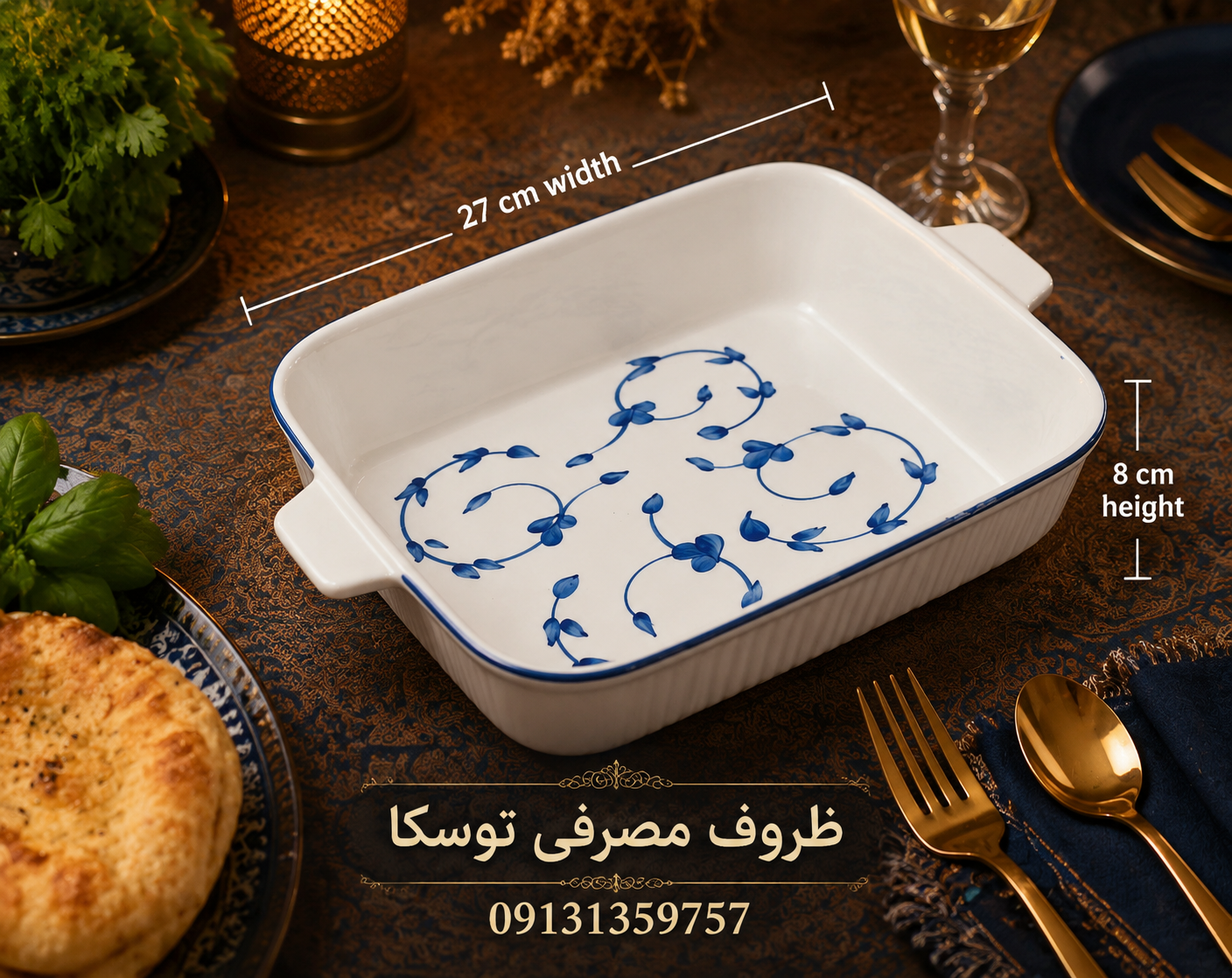 مرغ خوری وانسل مربع 2 عددی سرامیکی گل ابی نقاشی