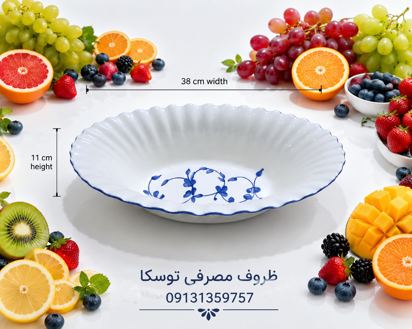 میوه خوری بیضی مرسانا سرامیکی گل ابی نقاشی قایقی