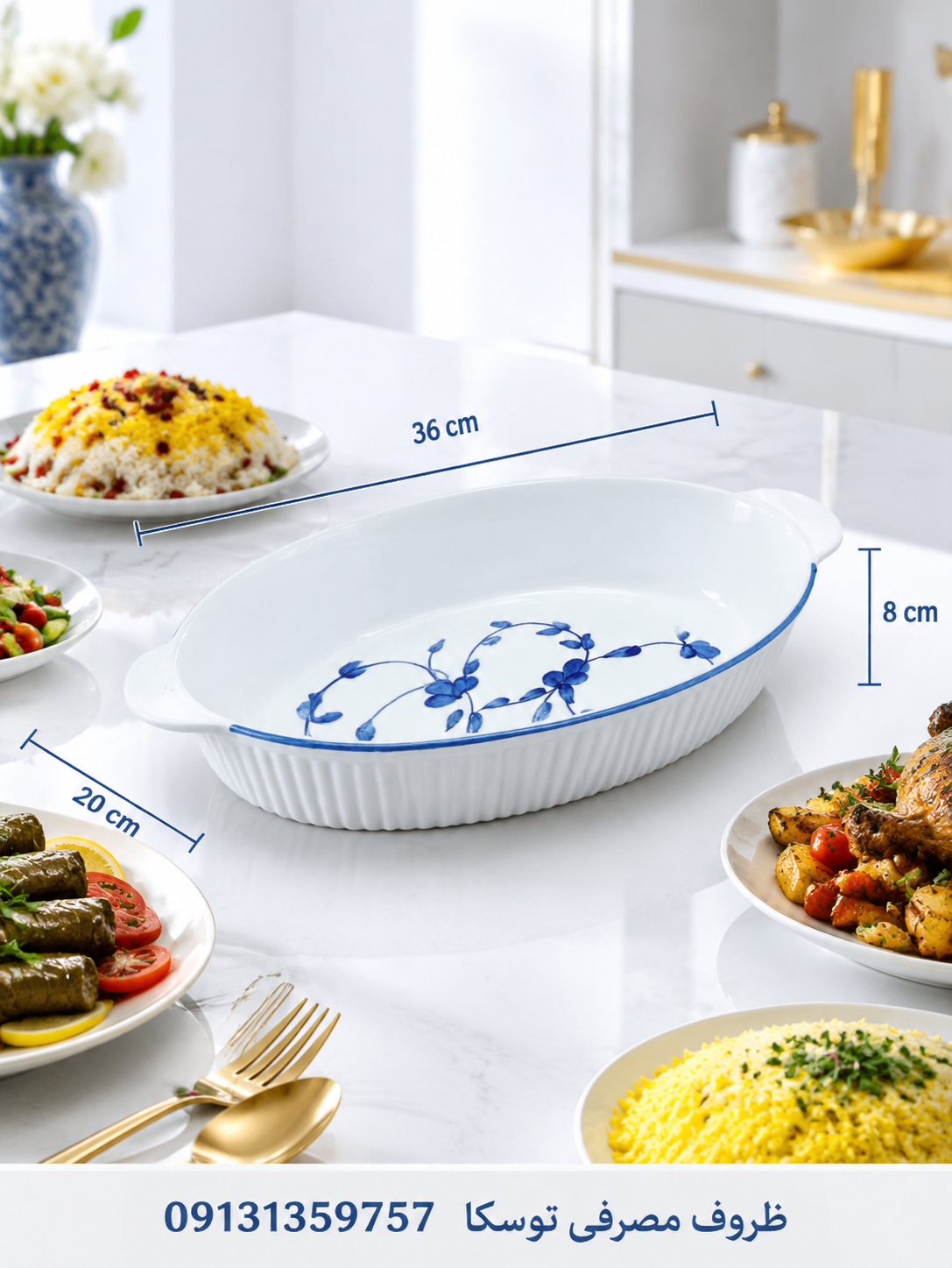 مرغ خوری وانسل بیضی 2 عددی سرامیکی گل ابی نقاشی