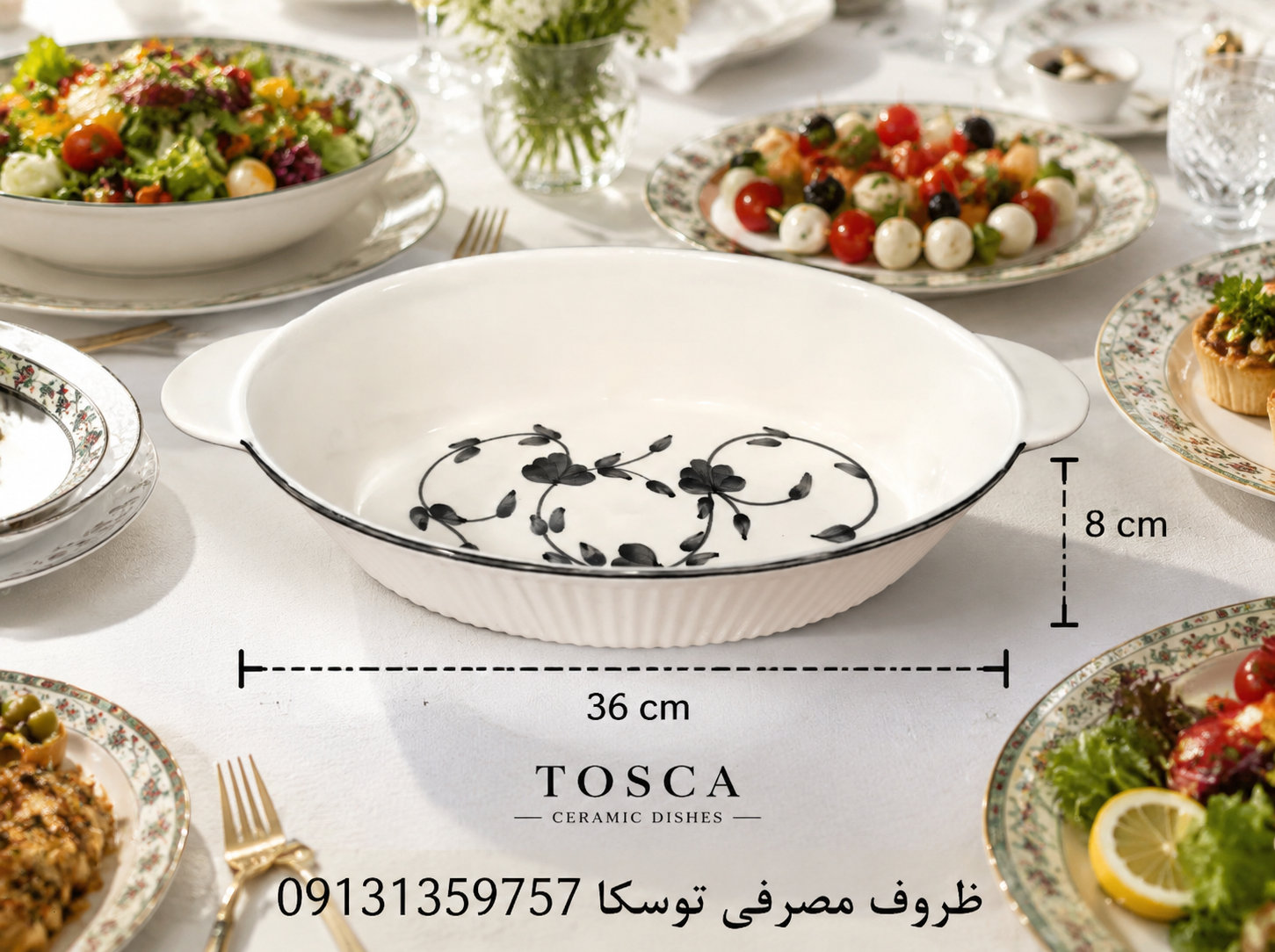 مرغ خوری وانسل بیضی 2 عددی سرامیکی گل مشکی نقاشی