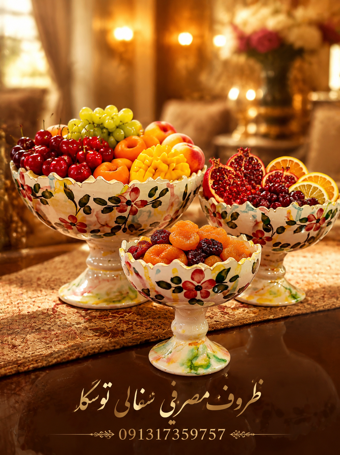سرویس میوه خوری سفالی گلدار گرد لب کمانی 3 سایز گل قرمز زمینه کرمی ابروبادی
