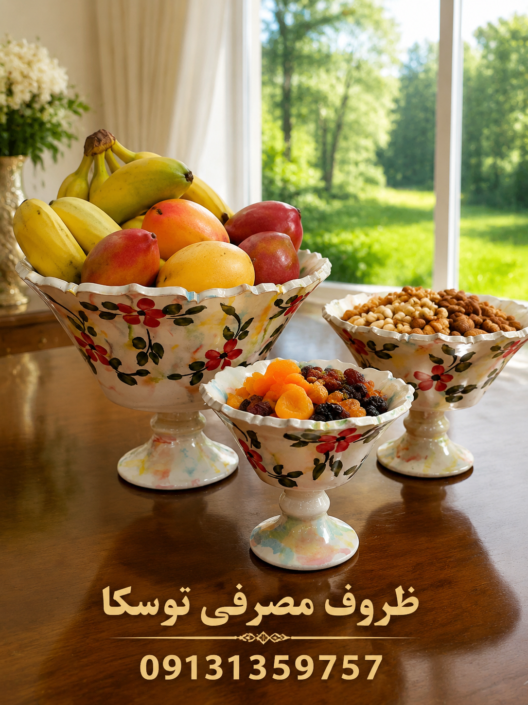 سرویس میوه خوری سفالی گلدار مخروطی لب کمانی 3 سایز گل قرمز زمینه کرمی ابروبادی