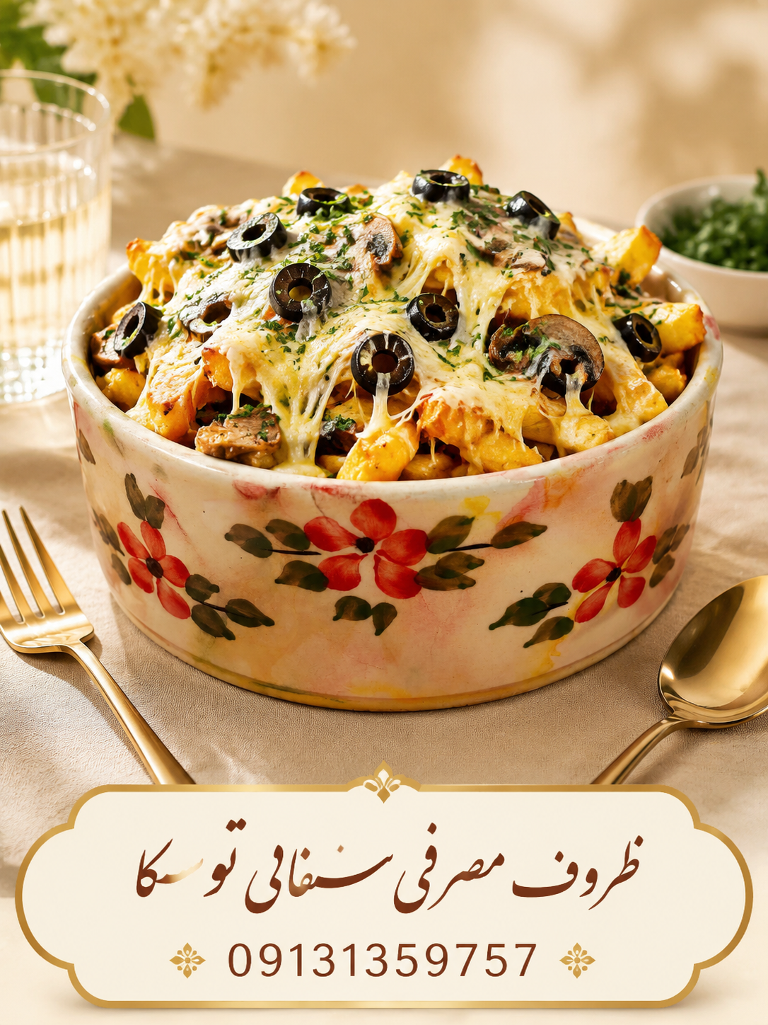 کاسه وانسل سایز XL پک 2 عددی گلدار سفالی زمینه کرم ابروبادی گل قرمز