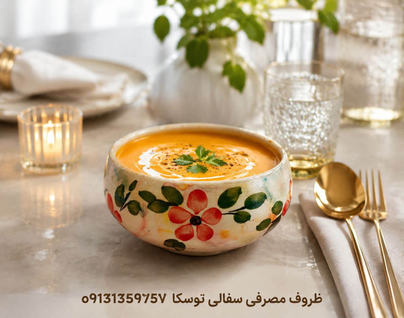 کاسه سوپ سایز S گلدار سفالی زمینه کرم ابروبادی گل قرمز