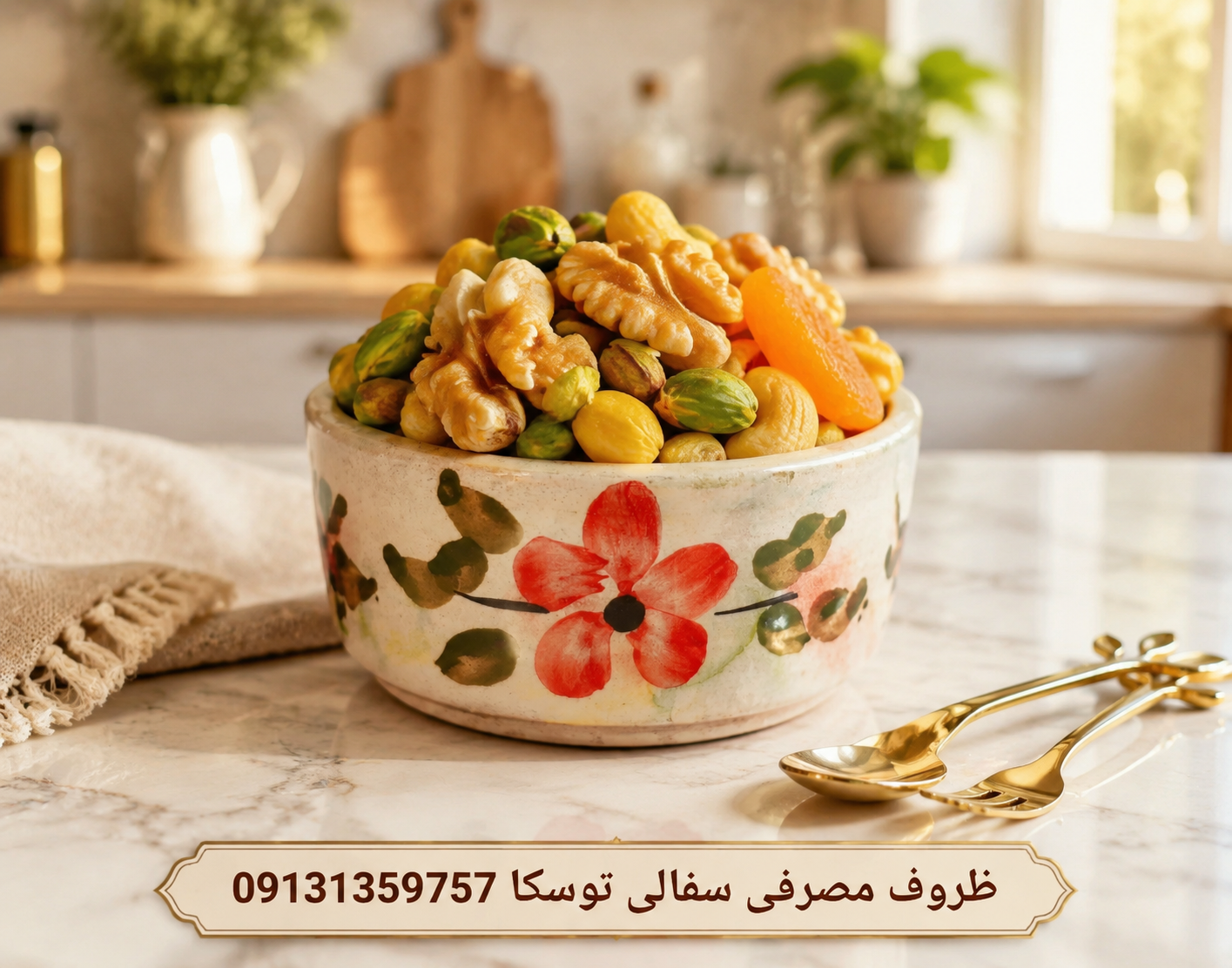 کاسه وانسل سایز M پک 2 عددی گلدار سفالی زمینه کرم ابروبادی گل قرمز