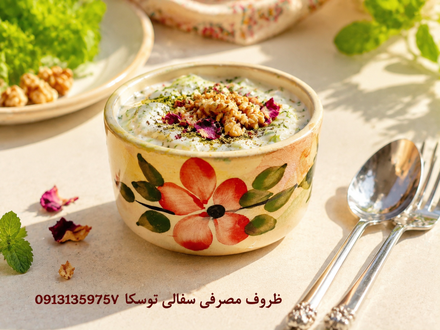 کاسه وانسل سایز S پک 2 عددی گلدار سفالی زمینه کرم ابروبادی گل قرمز
