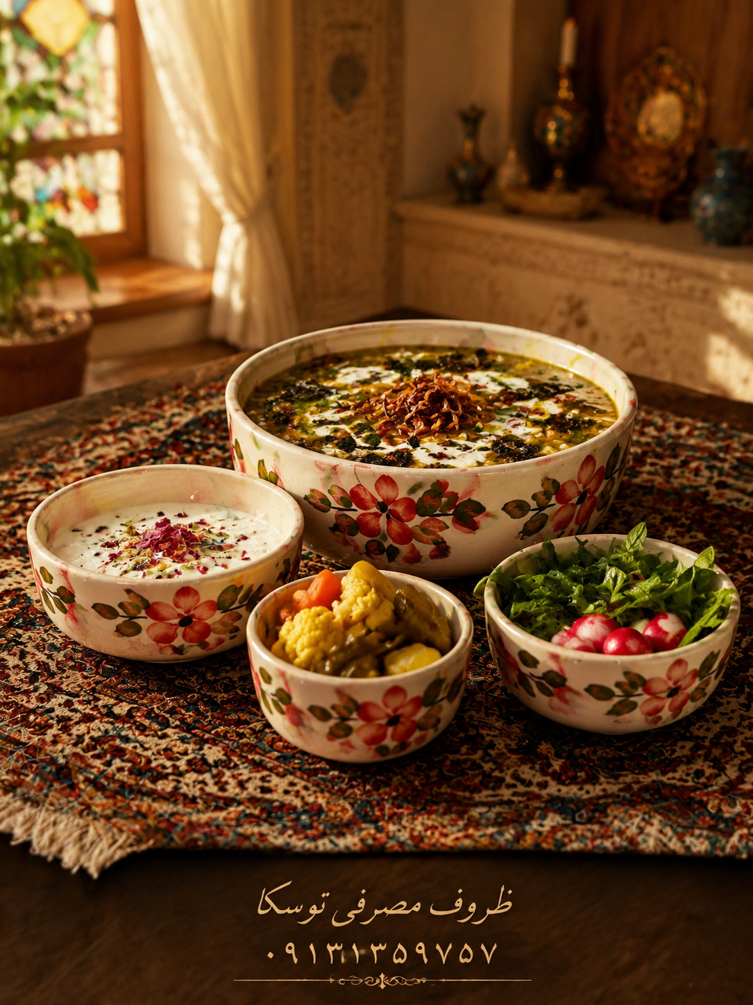 ست کاسه وانسل 4 سایز گلدار سفالی زمینه کرم ابروبادی گل قرمز
