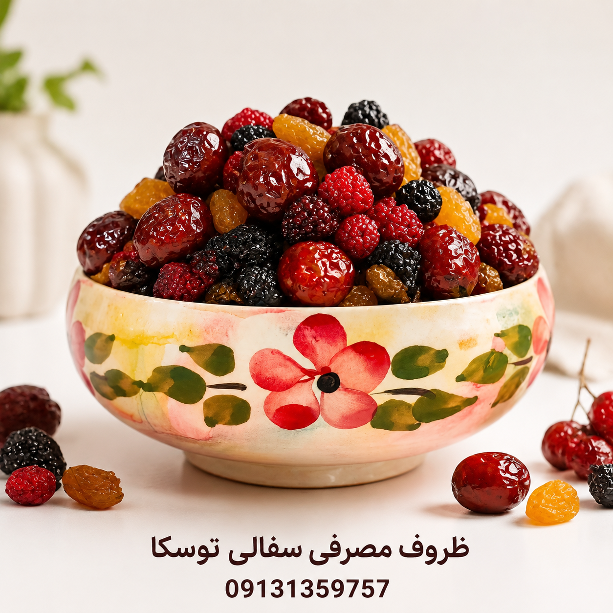 کاسه سالاد سایز S  گلدار سفالی زمینه کرم ابروبادی گل قرمز
