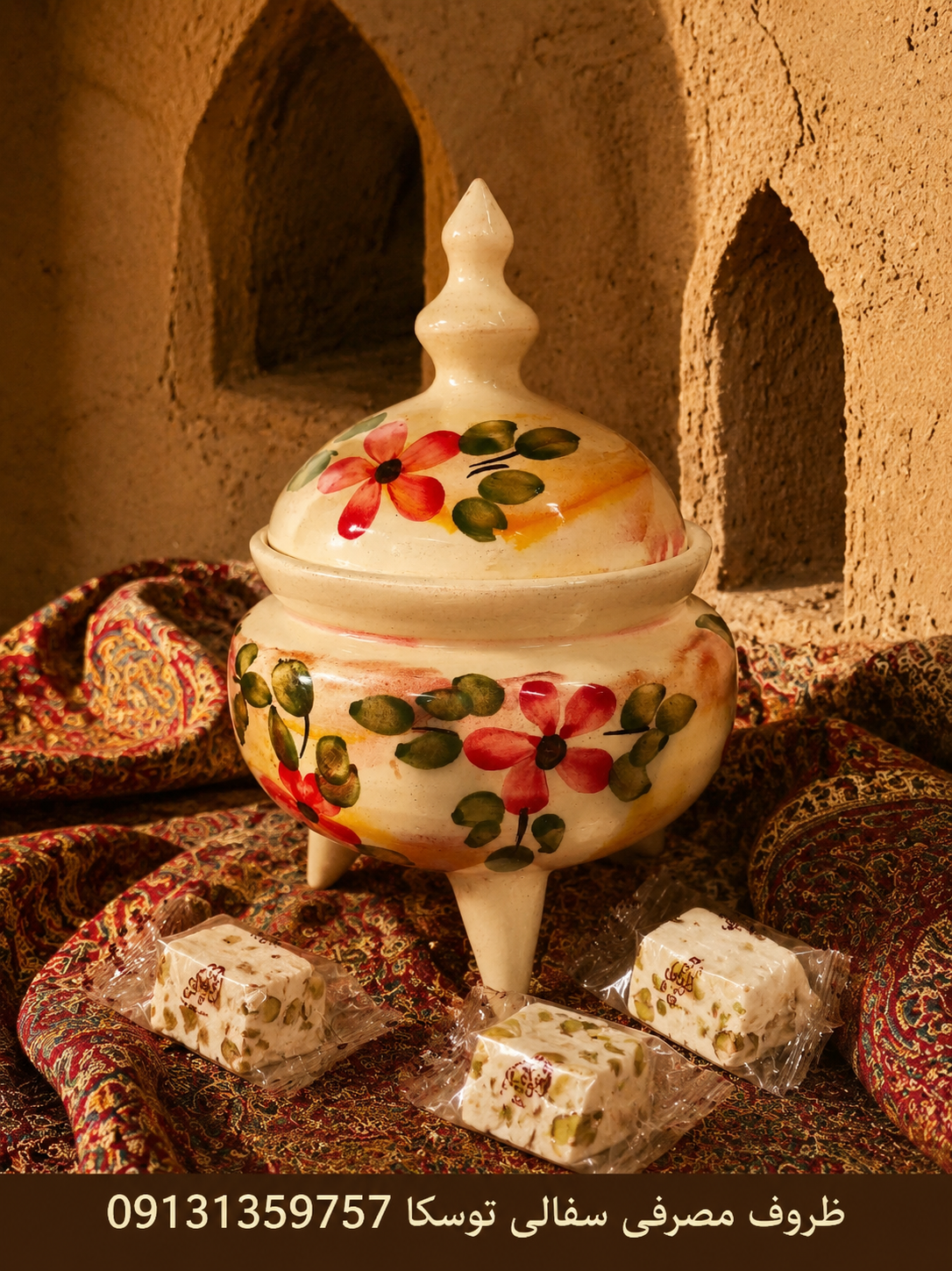 گز و شکلات خوری سفالی گلدار 3 پایه سایز M زمینه کرم ابروبادی گل قرمز