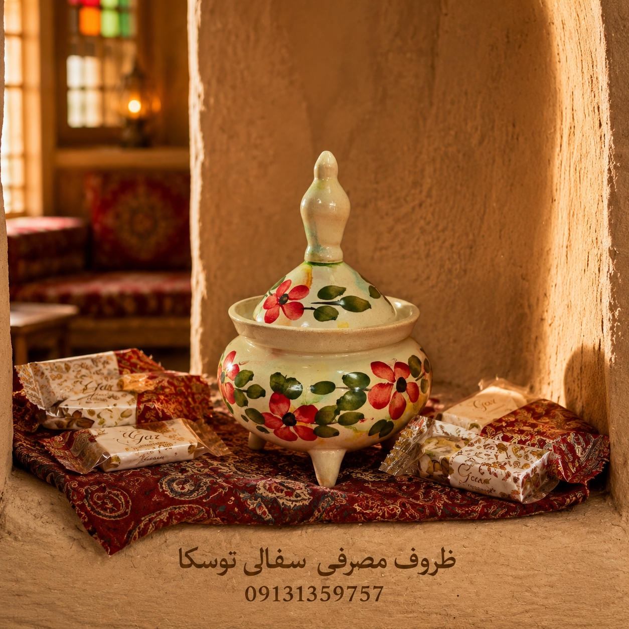 گز و شکلات خوری سفالی گلدار 3 پایه سایز S زمینه کرم ابروبادی گل قرمز