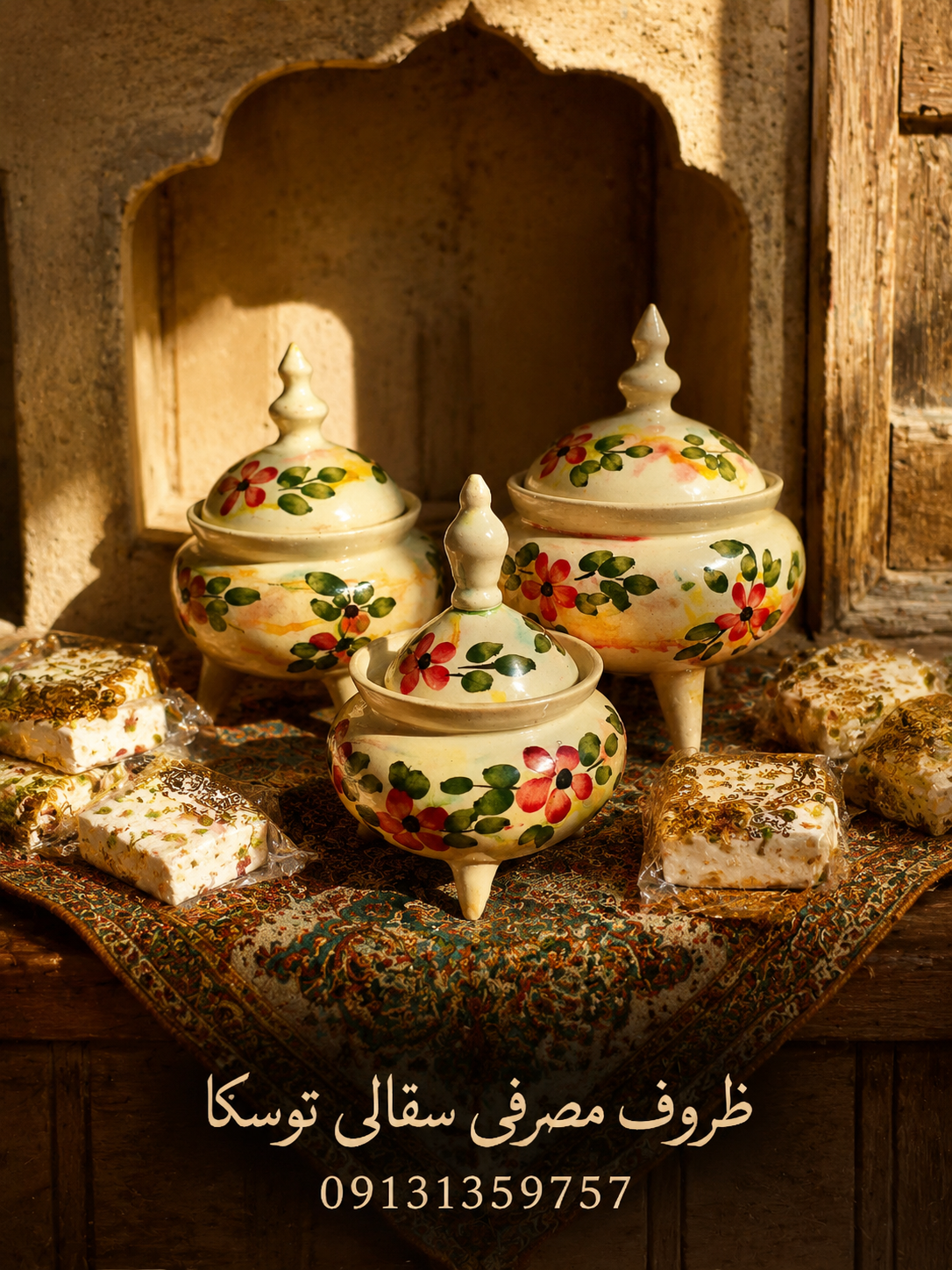 سرویس گز و شکلات خوری سفالی گلدار درب دار 3 پایه 3 سایز گل قرمز زمینه کرمی ابروبادی