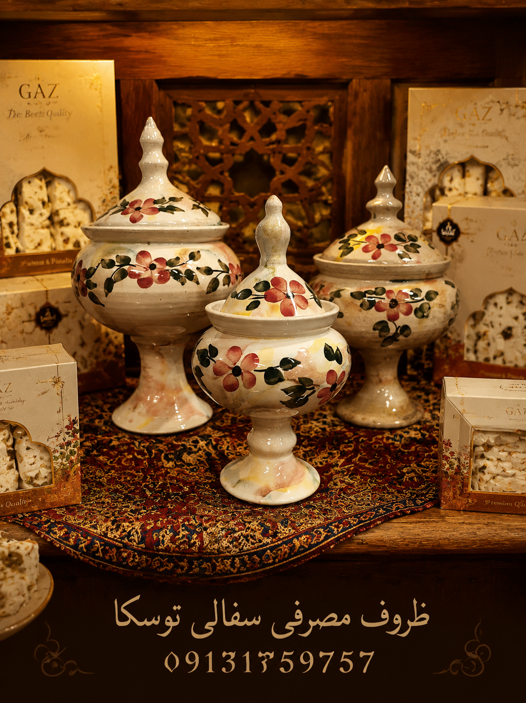 سرویس گز و شکلات خوری سفالی گلدار درب دار تک پایه 3 سایز گل قرمز زمینه کرمی ابروبادی