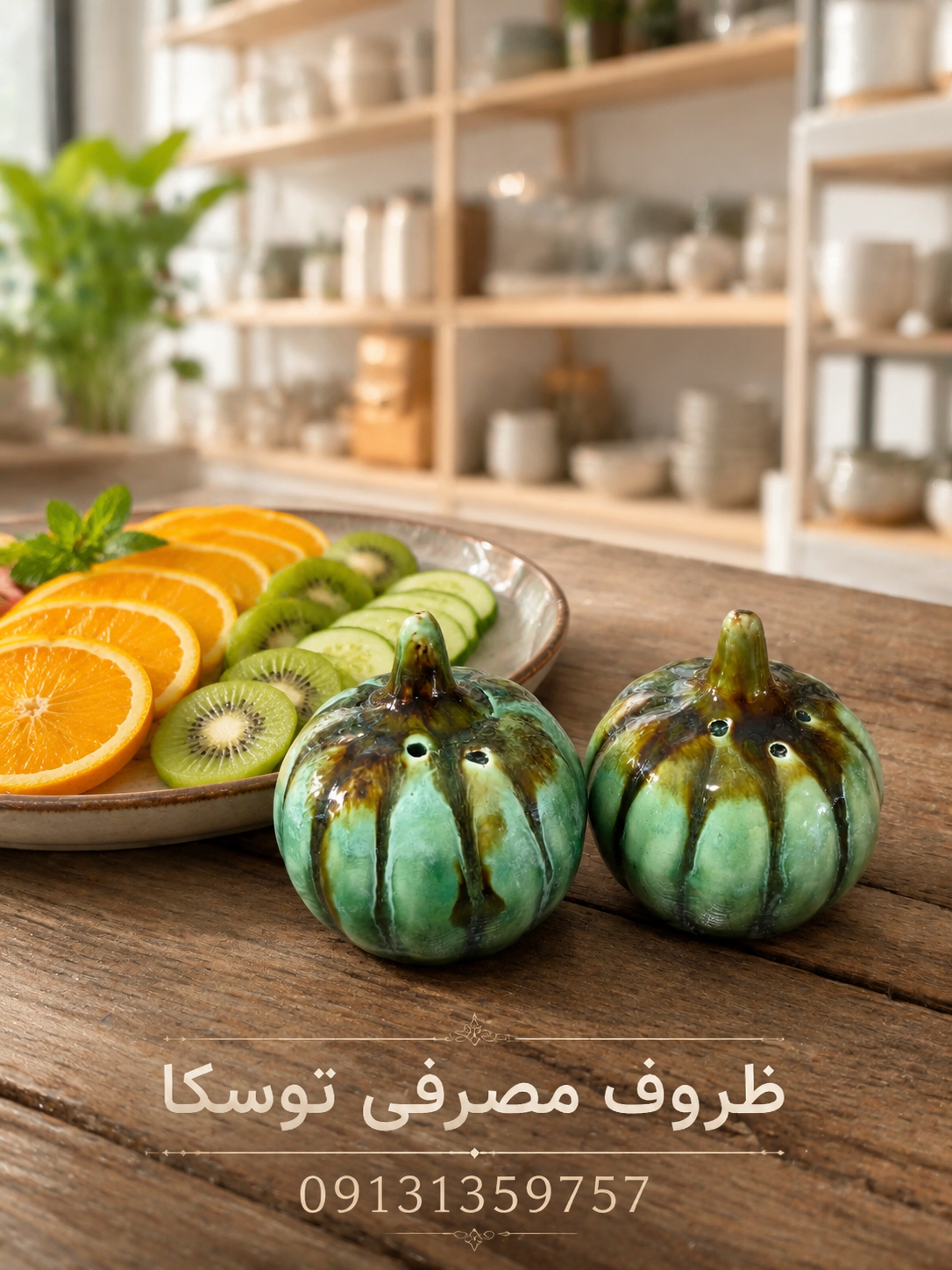 نمک پاش نمکدان سرامیکی فانتزی طرح کدو تنبل سبز شره ای ۲ عددی