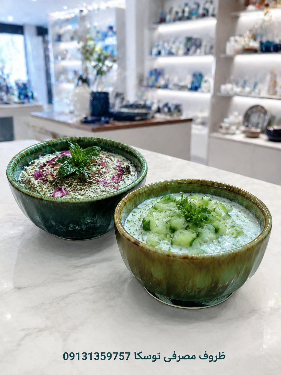 کاسه ماست خوری متوسط سرامیکی سبز شره ای 3 عددی