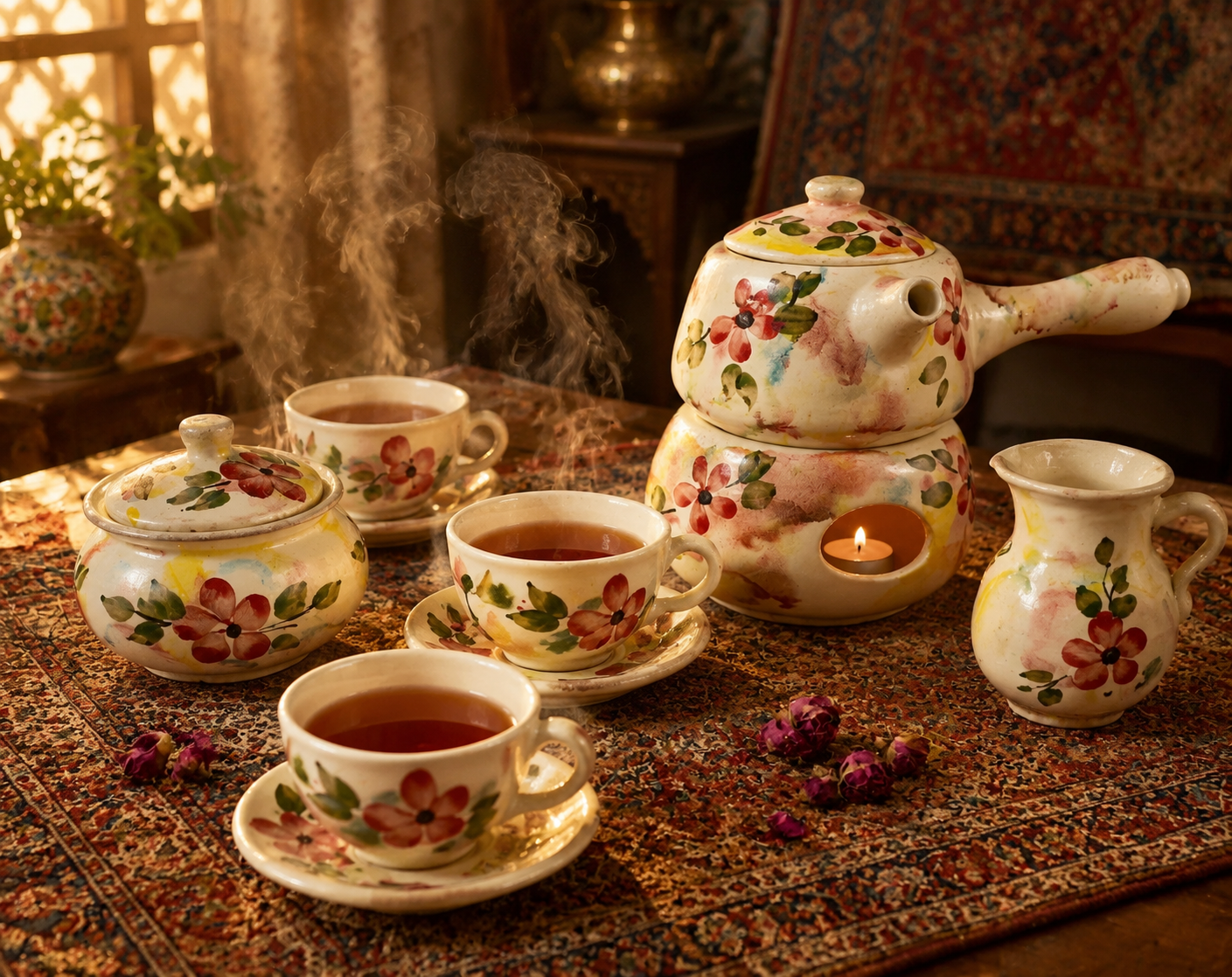 سرویس صبحانه خوری سفالی گلدار 12 پارچه 4 نفره گل قرمز زمینه ابروبادی