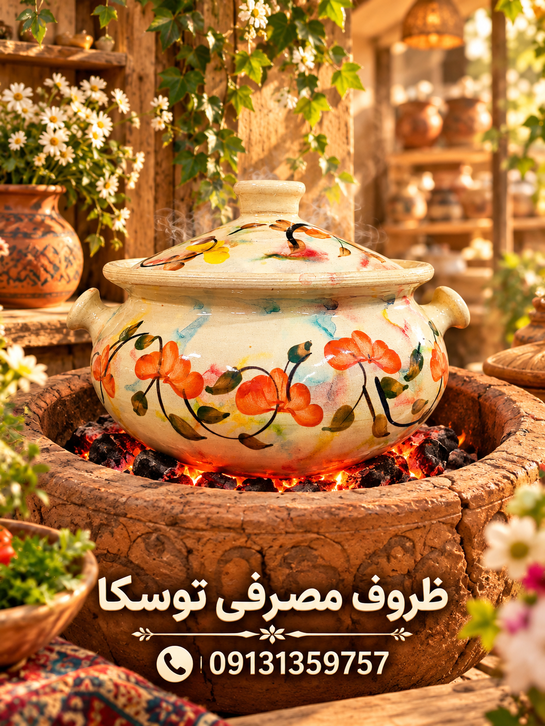 گمج قابلمه گیلانی سفالی گلدار سایز متوسط 5 نفره اصل جنس گل 5 پر نارنجی