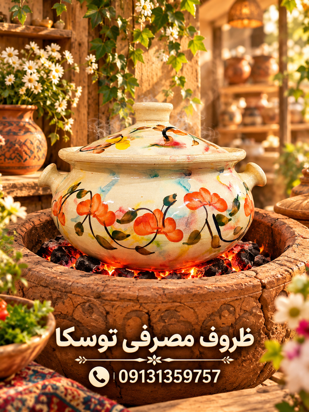 گمج قابلمه گیلانی سفالی گلدار سایز متوسط 5 نفره اصل جنس گل 5 پر نارنجی