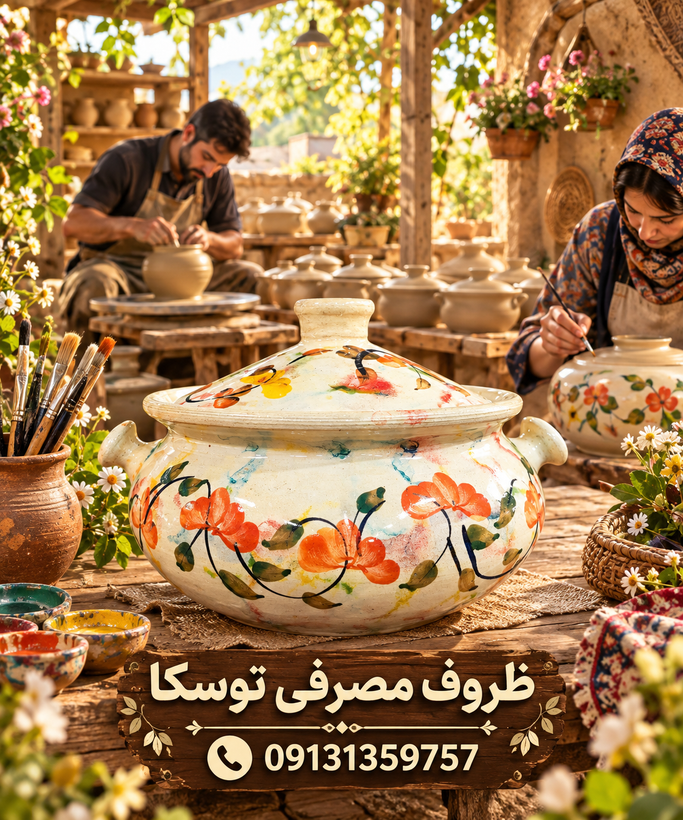 گمج قابلمه گیلانی سفالی گلدار سایز متوسط 5 نفره گل پنبه ای گل ترنج