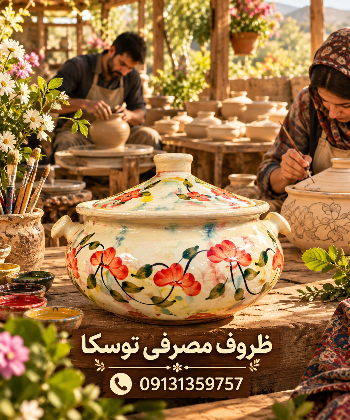 گمج قابلمه گیلانی سفالی گلدار سایز متوسط 5 نفره گل پنبه ای گل سرخی