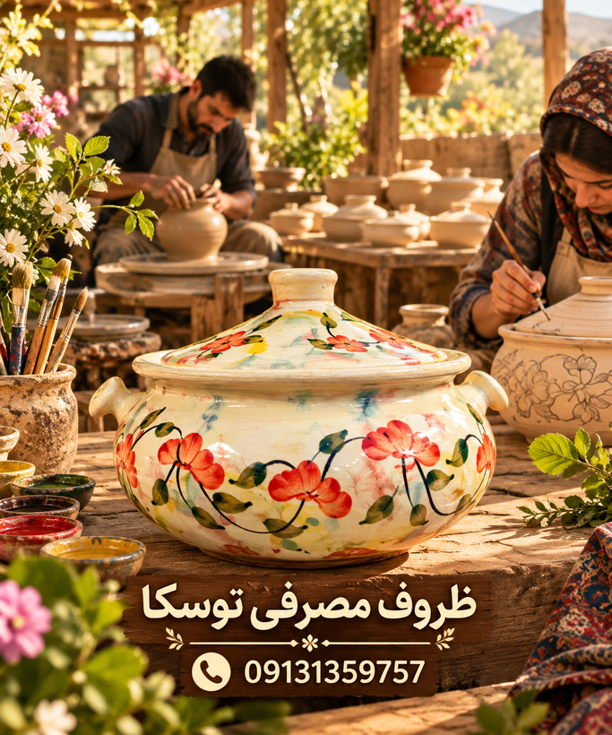 گمج قابلمه گیلانی سفالی گلدار سایز متوسط 5 نفره گل پنبه ای گل سرخی
