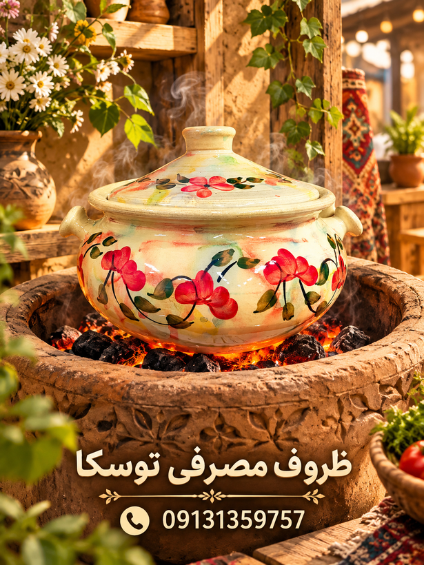 گمج قابلمه گیلانی سفالی گلدار سایز متوسط 5 نفره اصل جنس گل 5 پر قرمز