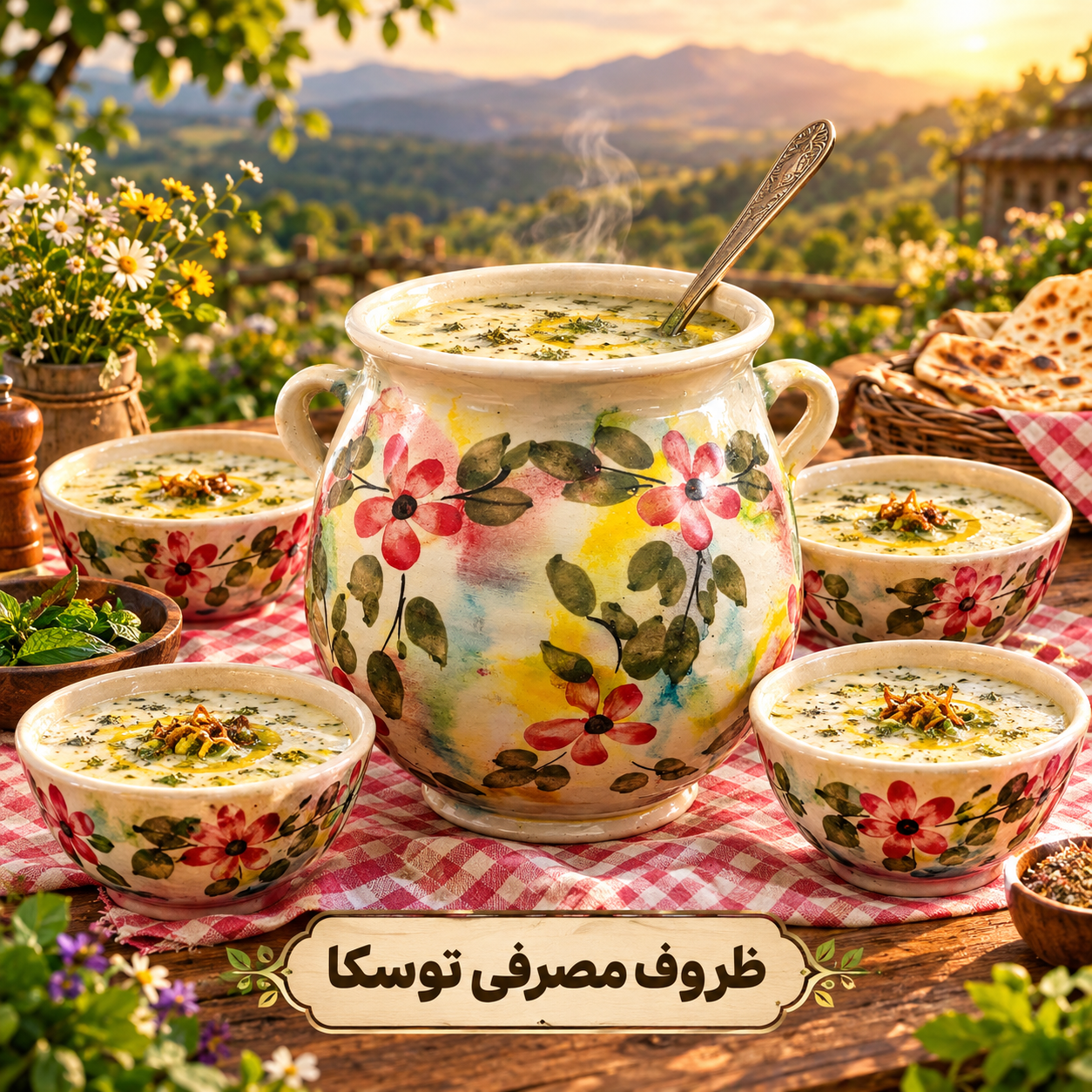 دیزی سوپ خوری گیلانی سفالی گلدار سایز متوسط 4 نفره