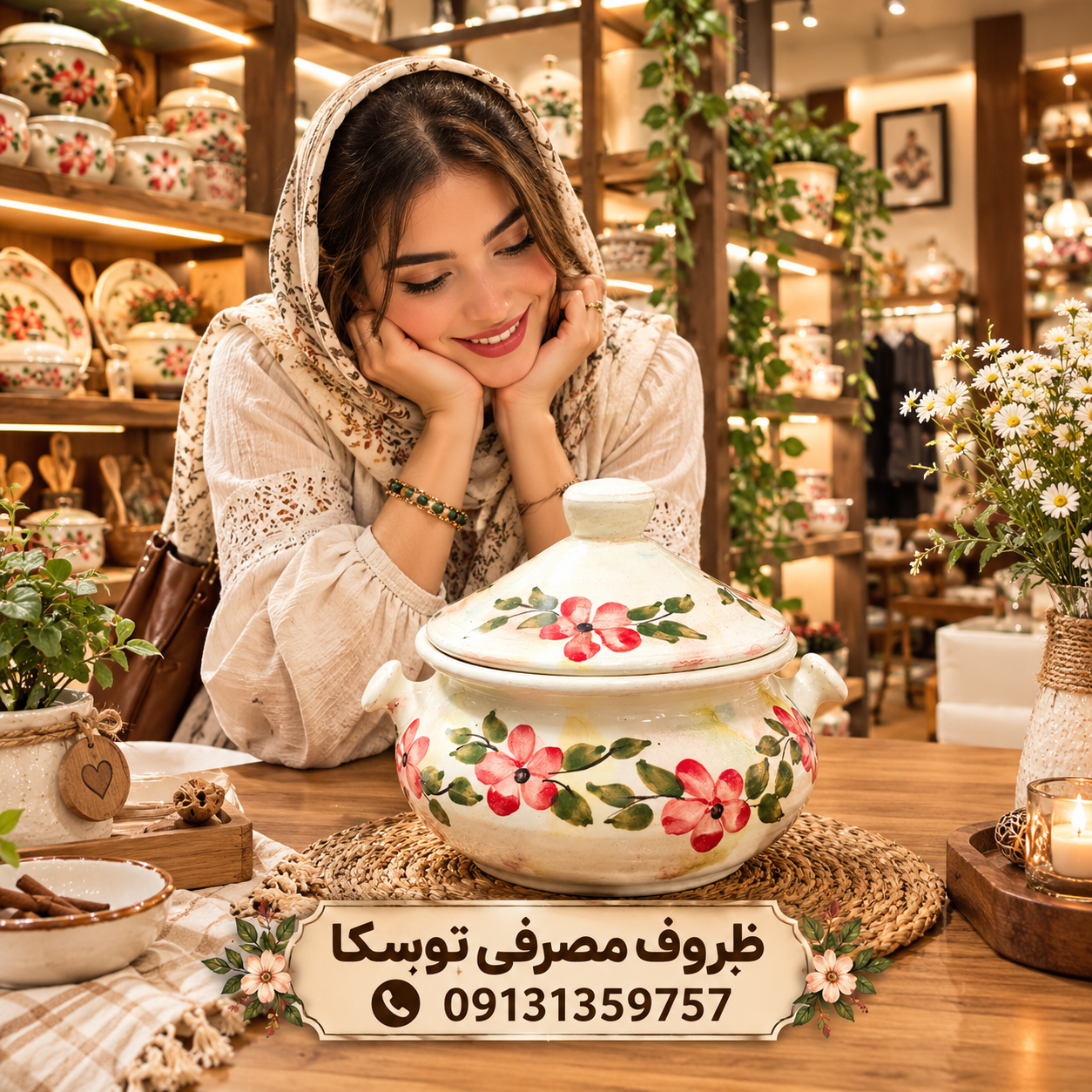گَمَج قابلمه گیلانی گمج سفالی گلدار سایز کوچک 2 نفره