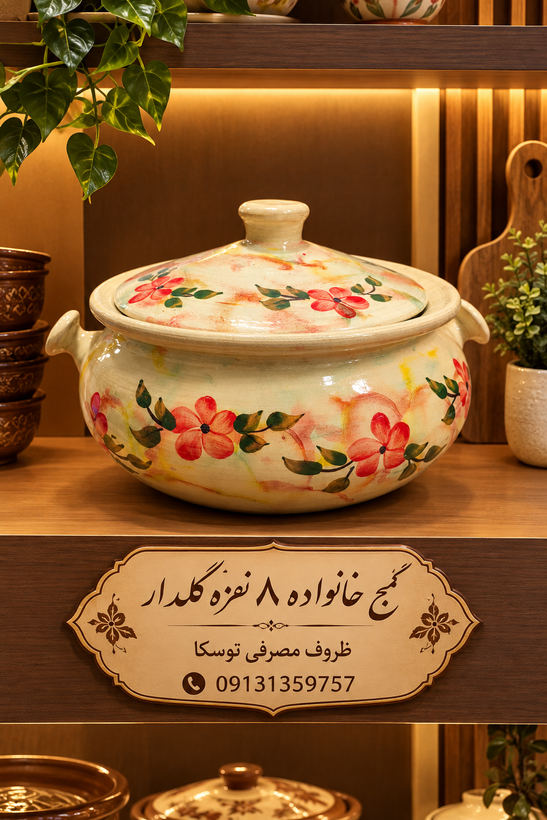 گَمَج قابلمه گیلانی گمج سفالی گلدار سایز بزرگ 8 نفره واقعی غول اسا