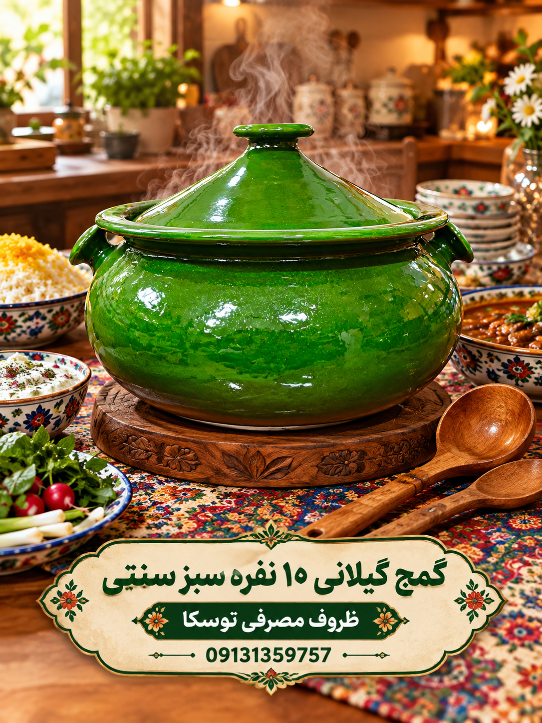 گَمَج قابلمه گیلانی گمج سفالی سبز سنتی سایز بزرگ 10 نفره دسته گرد