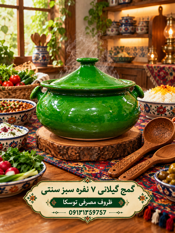گَمَج قابلمه گیلانی گمج سفالی سبز سنتی سایز متوسط 7 نفره دسته گرد