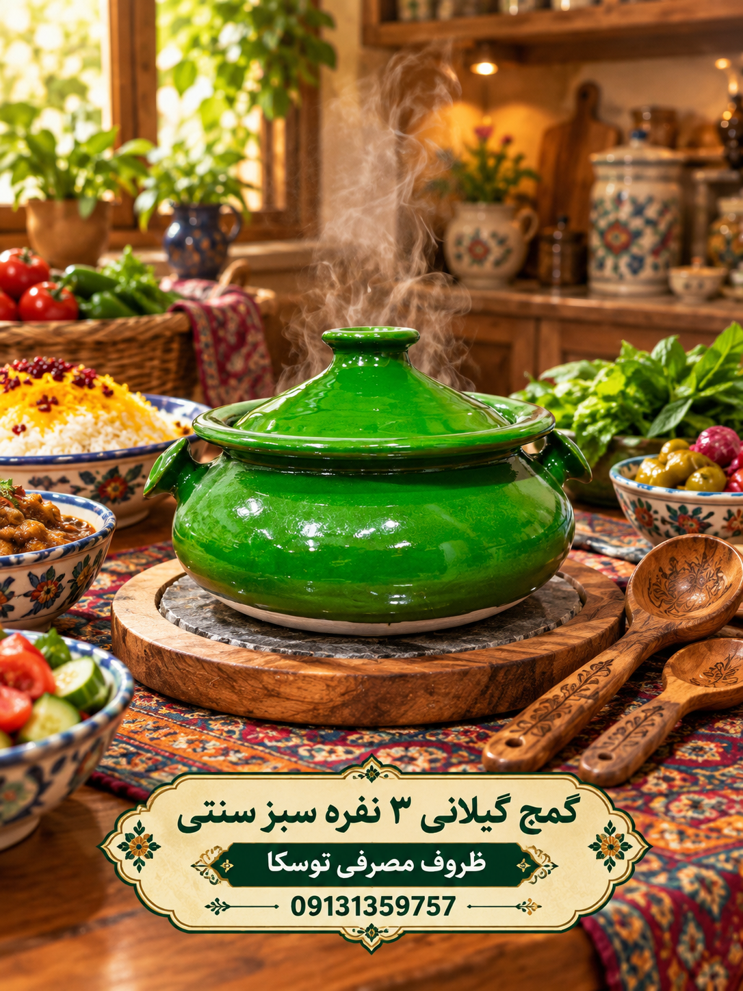 گَمَج قابلمه گیلانی گمج سفالی سبز سنتی سایز کوچک 3 نفره دسته گرد