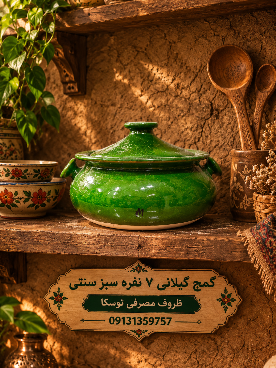 گَمَج قابلمه گیلانی گمج سفالی سبز سنتی سایز متوسط 7 نفره دسته گرد