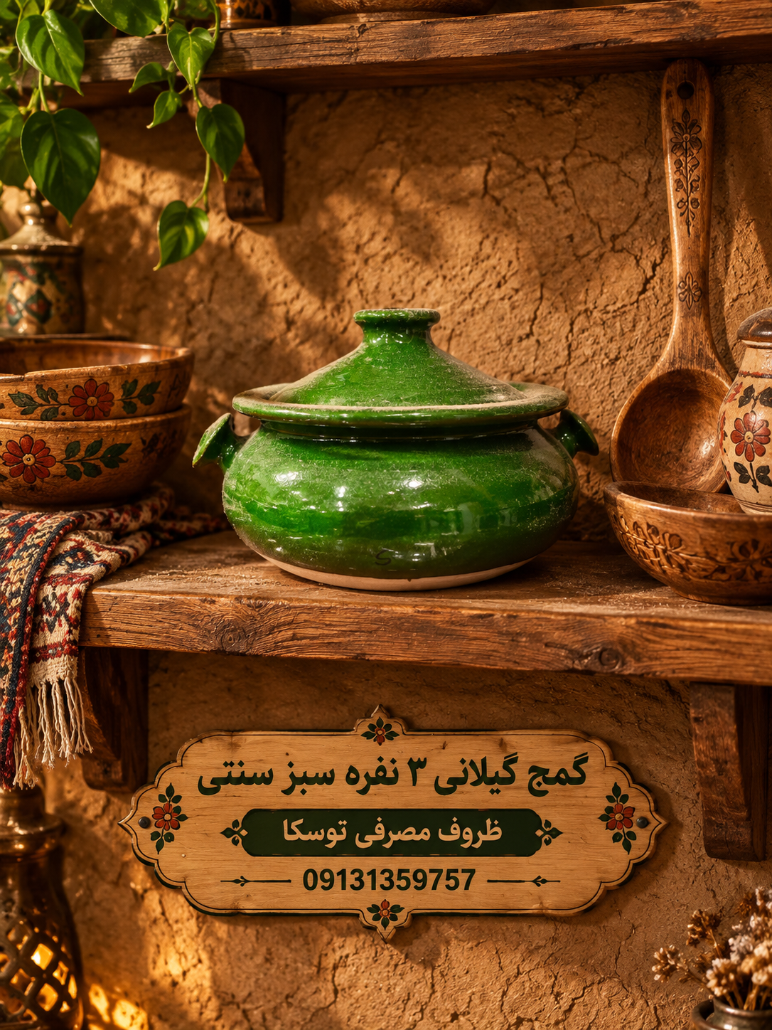 گَمَج قابلمه گیلانی گمج سفالی سبز سنتی سایز کوچک 3 نفره دسته گرد
