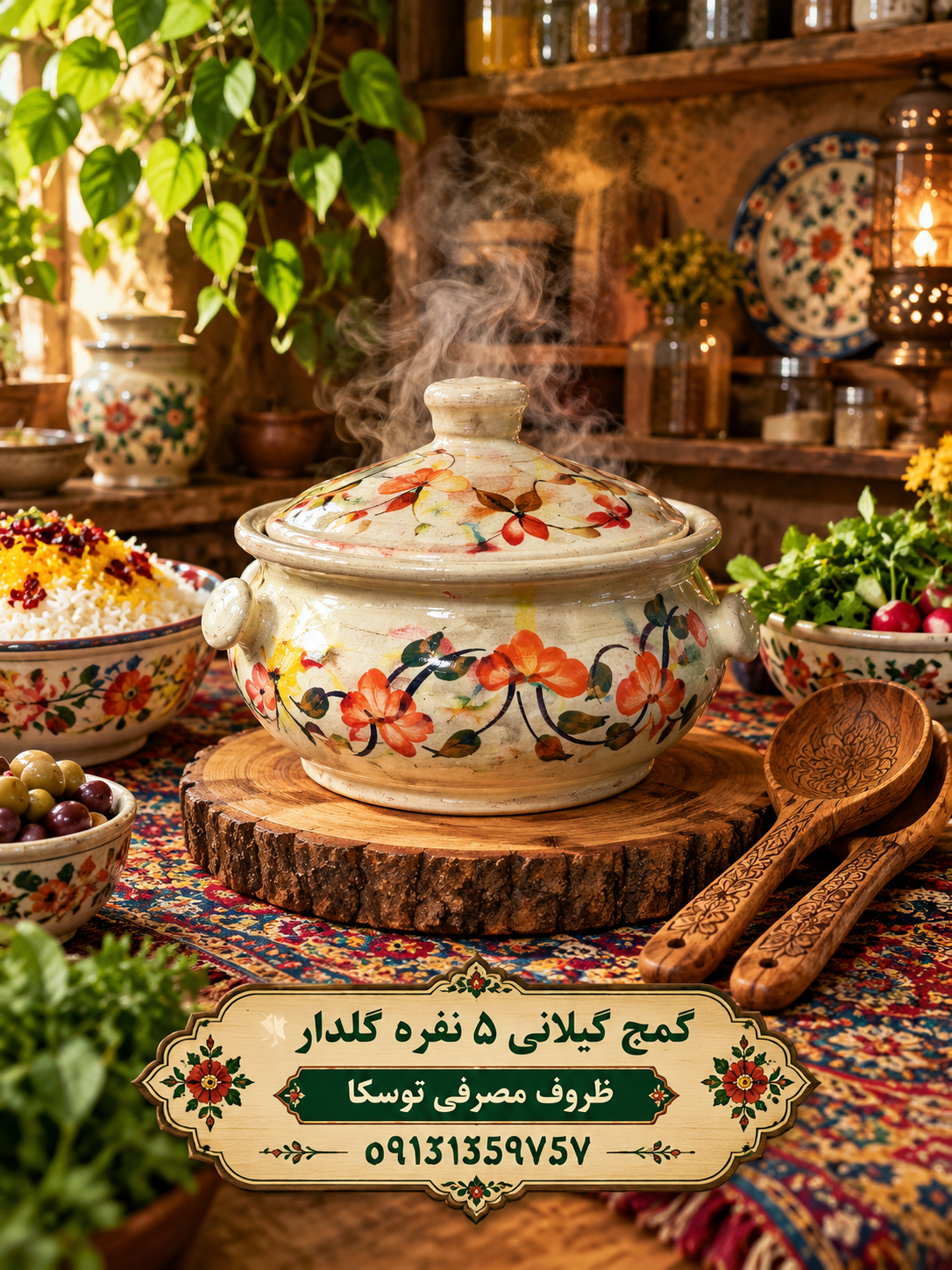 گَمَج قابلمه گیلانی گمج سفالی گلدار سایز متوسط 5 نفره