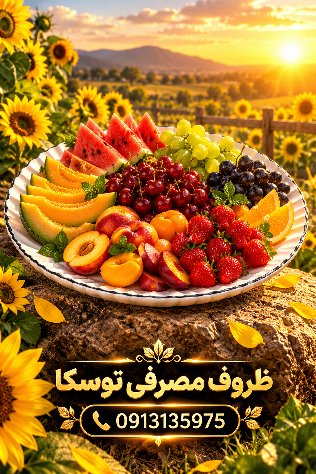 سینی یا دیس گرد ضخیم سرامیکی گل افتاب گردون نقاشی 1 عددی