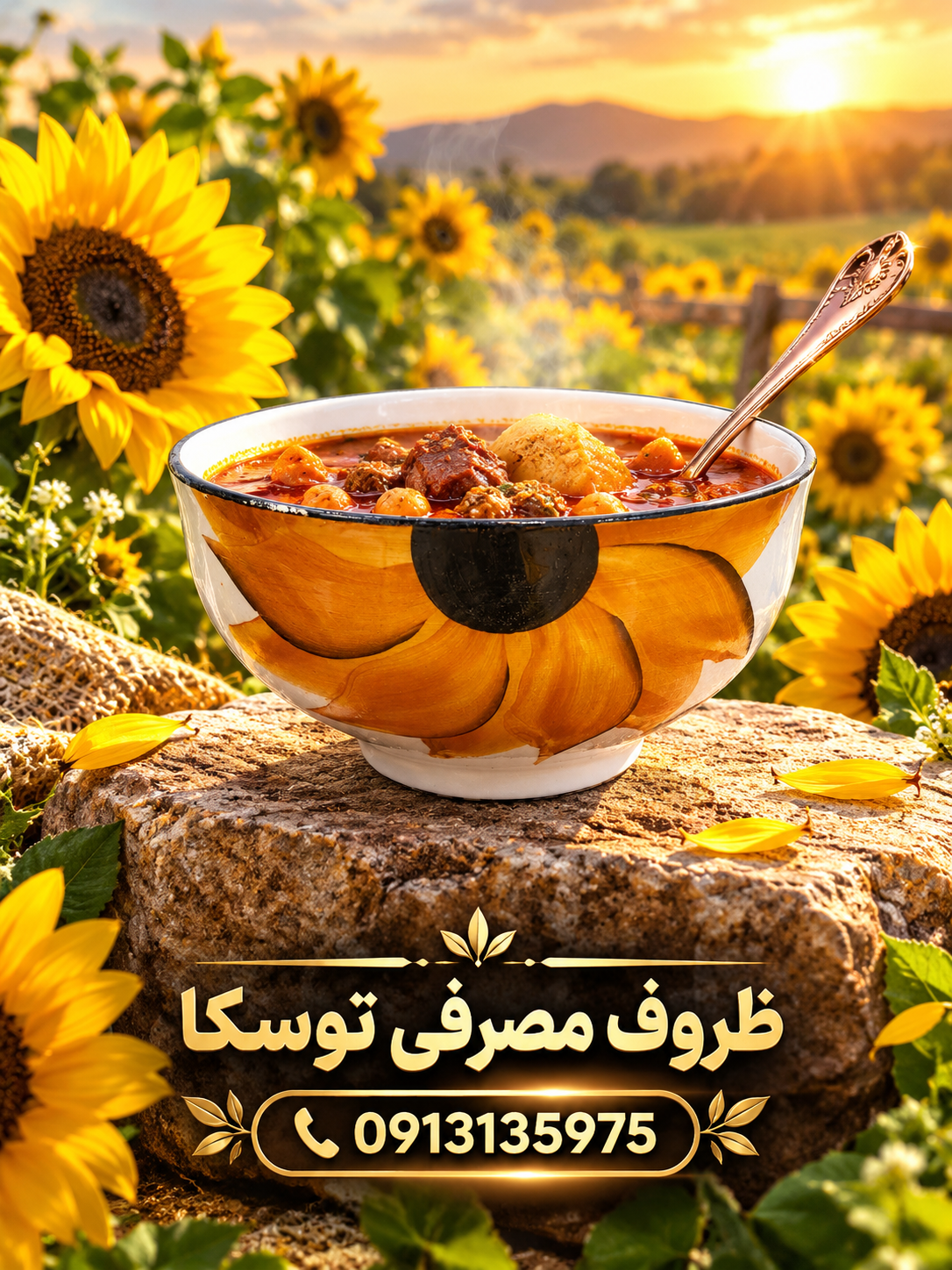 کاسه ابگوشت خوری سرامیکی گل افتاب گردون نقاشی 3 عددی