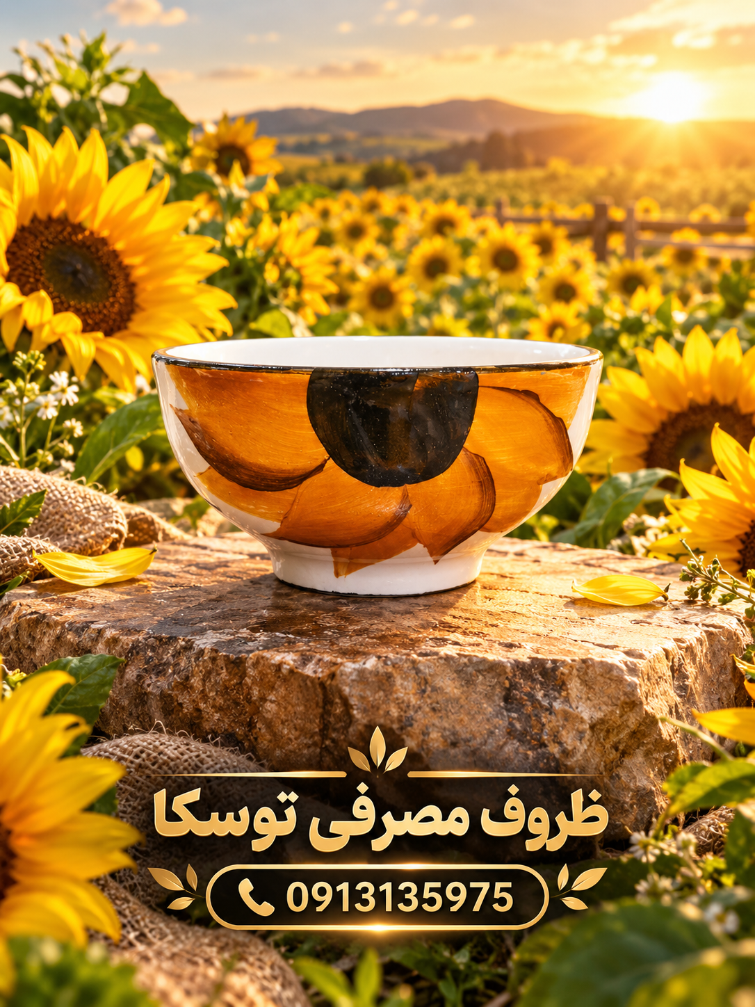کاسه ماست خوری سرامیکی گل افتاب گردون نقاشی 3 عددی