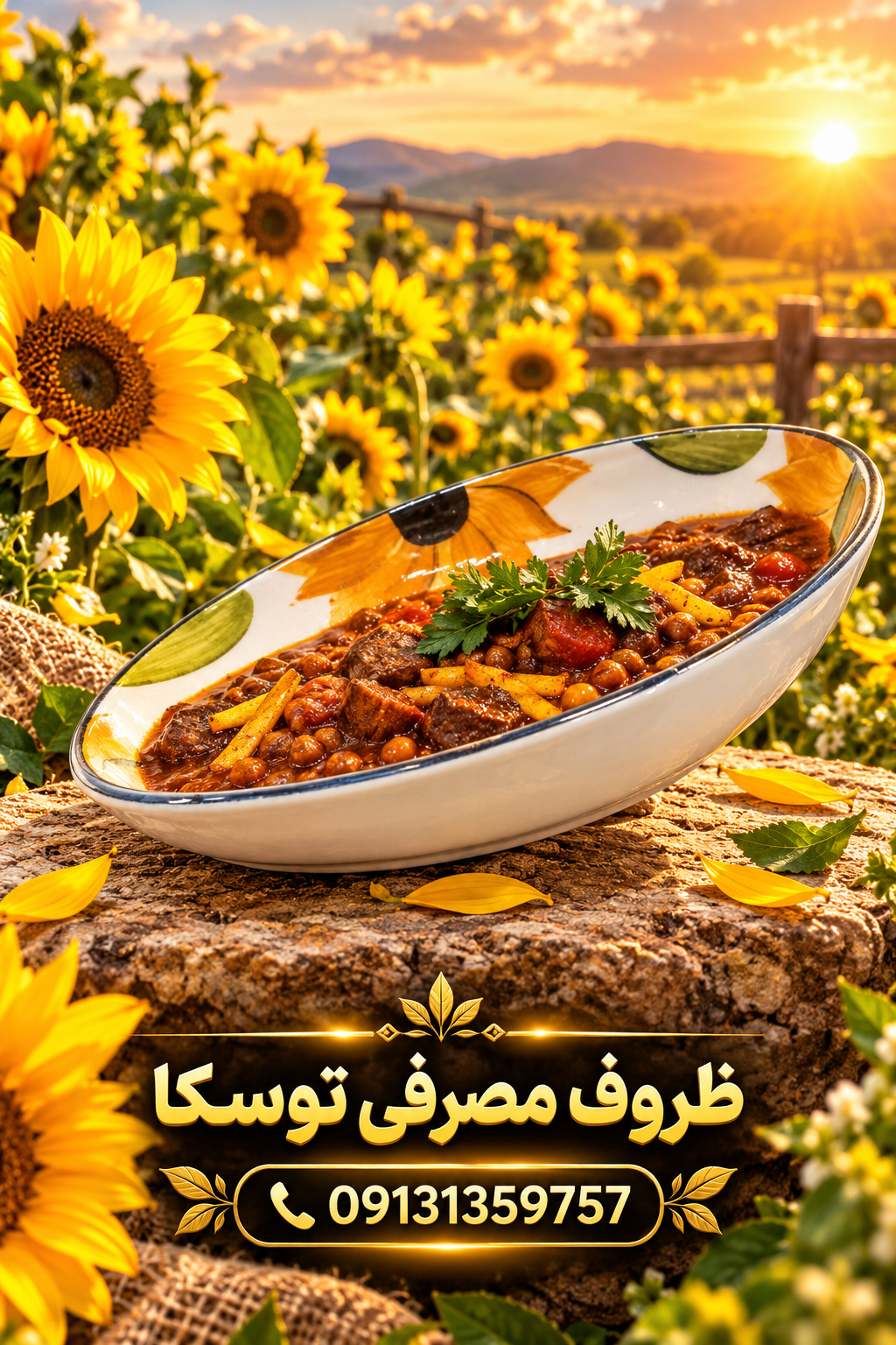 بشقاب خورش خوری گود سرامیکی گل افتاب گردون نقاشی 3 عددی