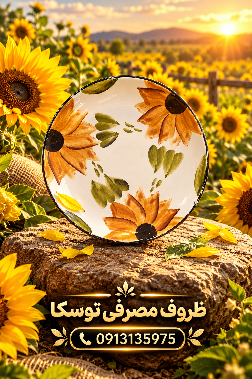 بشقاب برنج خوری تخت سرامیکی گل افتاب گردون نقاشی 3 عددی