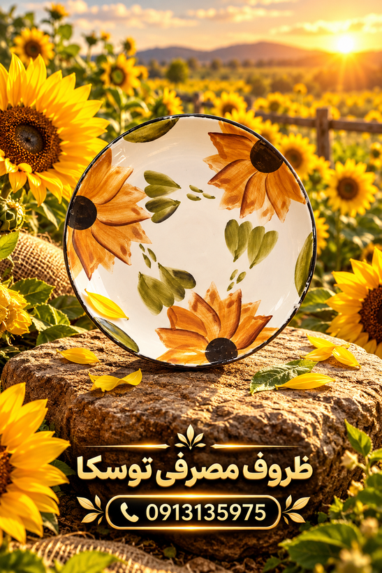 بشقاب برنج خوری تخت سرامیکی گل افتاب گردون نقاشی 3 عددی