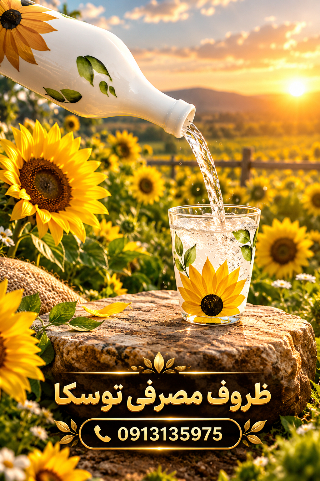 بطری اب یا گلدان طرح بطری سرامیکی گل افتاب گردون نقاشی 1 عددی