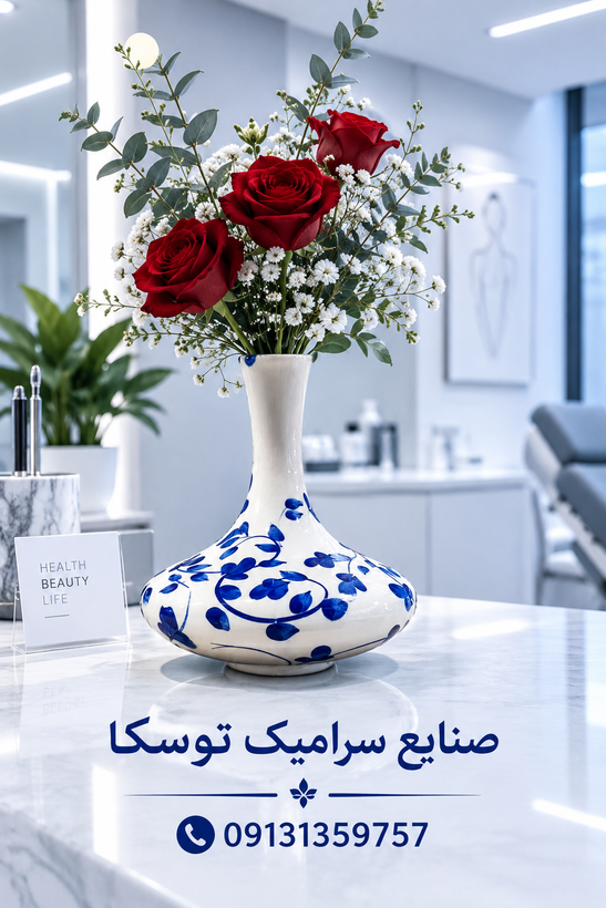 گلدان کف پهن سایز L سرامیکی گل ابی نقاشی 1 عددی