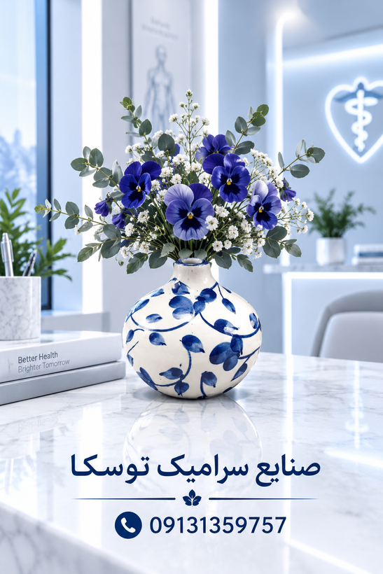 گلدان توپی سایز s سرامیکی گل ابی نقاشی 1 عددی