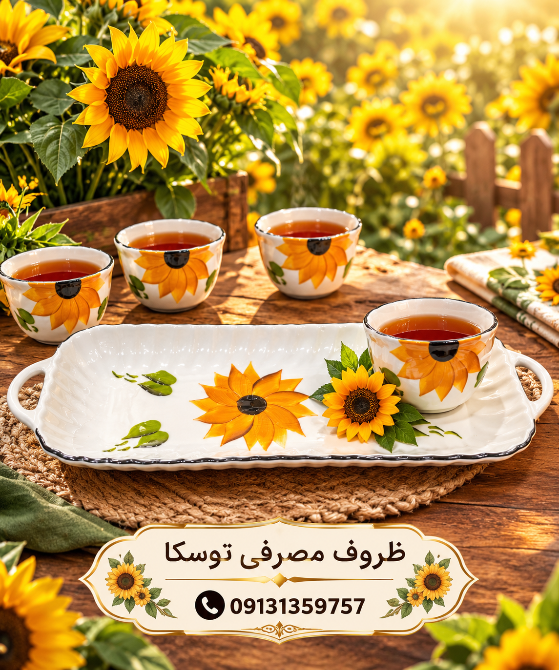 رولت خوری کباب خوری دسته دار بزرگ سرامیکی گل افتاب گردون نقاشی 1 عددی