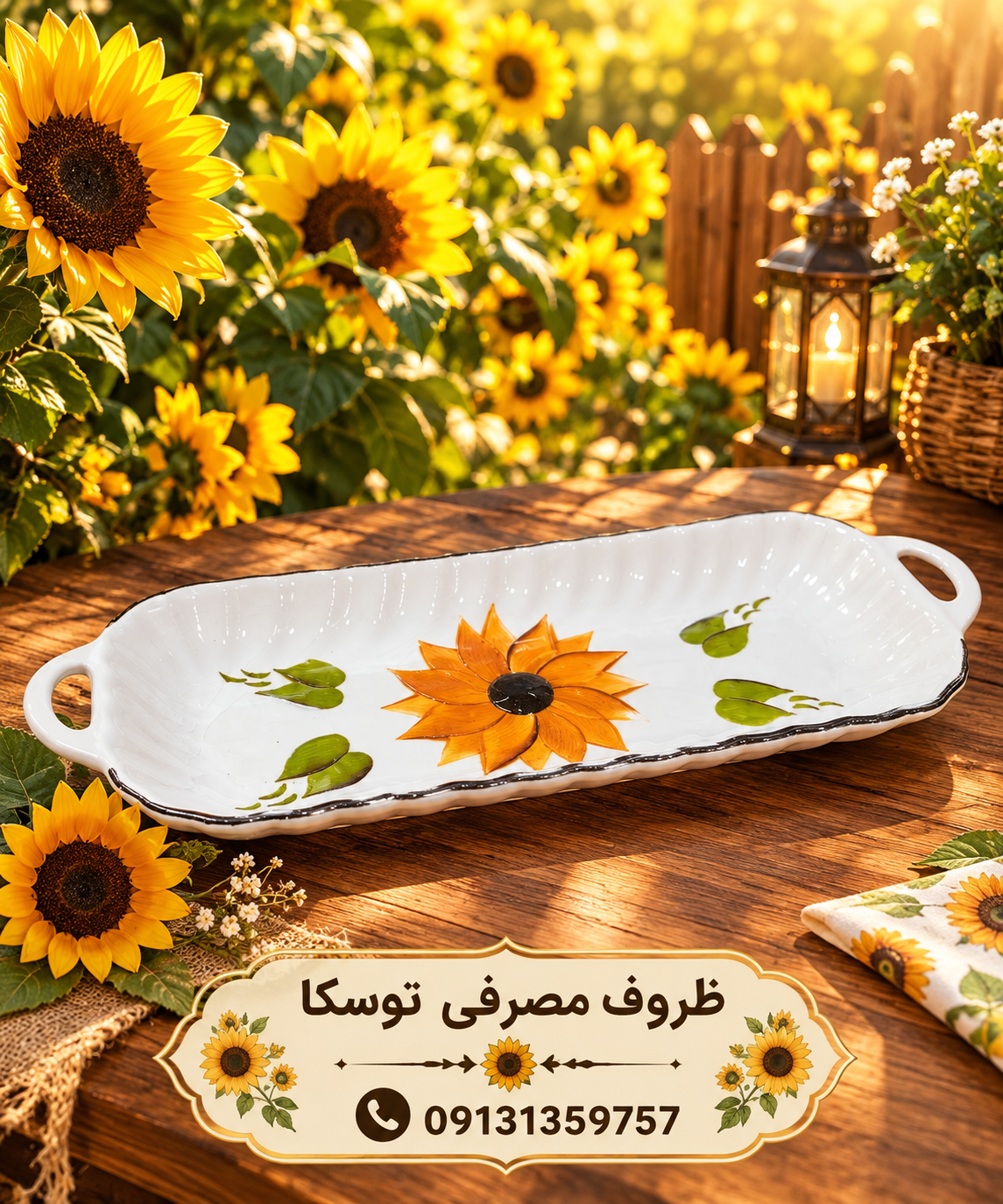 رولت خوری کباب خوری دسته دار سرامیکی متوسط گل افتاب گردون نقاشی 1 عددی