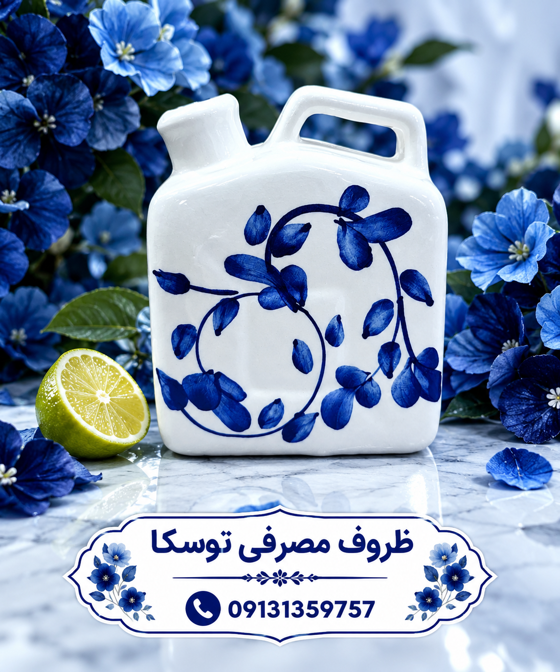 روغن ریز یا ابلیمو خوری سرامیکی گالن گل ابی نقاشی 1 عددی